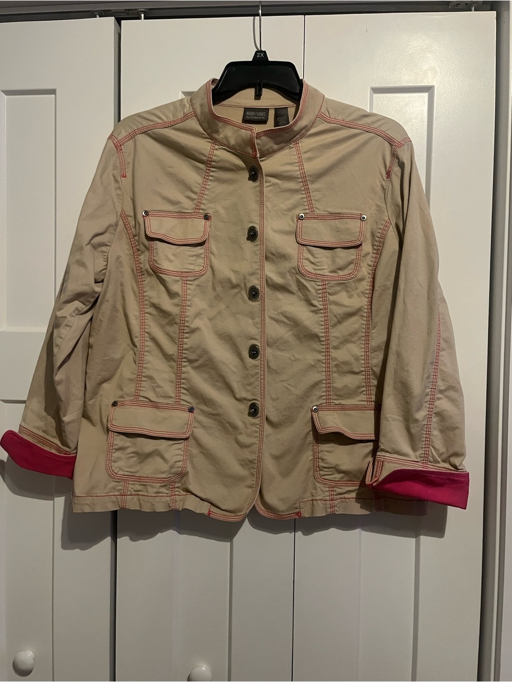 Chico's Beige Utility Jacket with Pink Trim size 3.